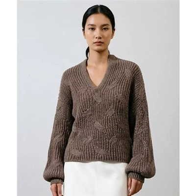 Balloon Sleeve Cable Knit Sweater Caij nplooj zeeg
