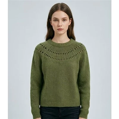 Green Openwork Yoke Crew Neck Sweater